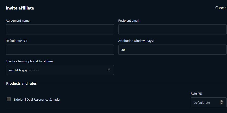 Dark-theme affiliate agreement with recipient, default rate, attribution window, effective date, and product-specific rates.