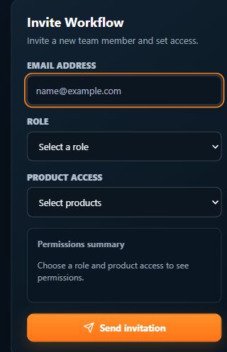 Dark-theme team invitation with an email field, role selection, and product-access controls.