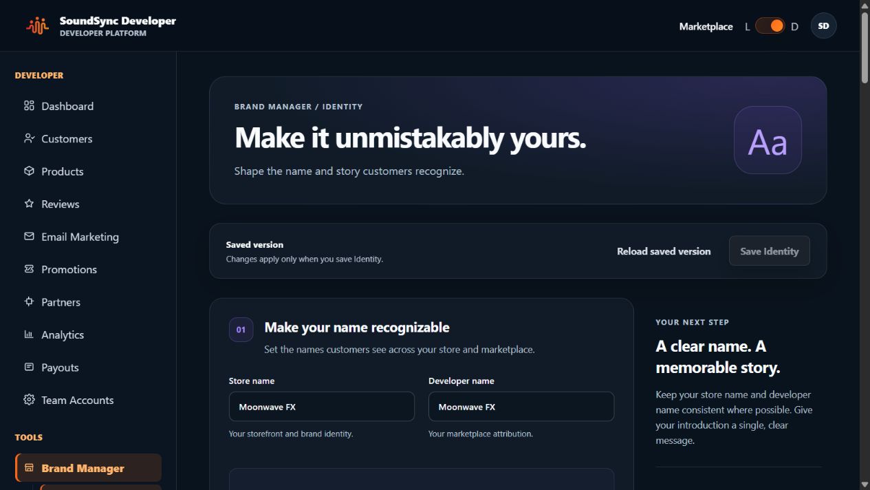 Current dark-theme Brand Manager Identity workspace with store name, developer name, and deliberate section saving.