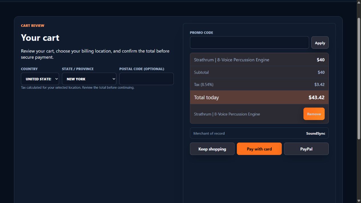 Actual dark-theme managed-checkout cart for Strathrum with country/region tax, Merchant of Record, card and PayPal choices. No payment was initiated.
