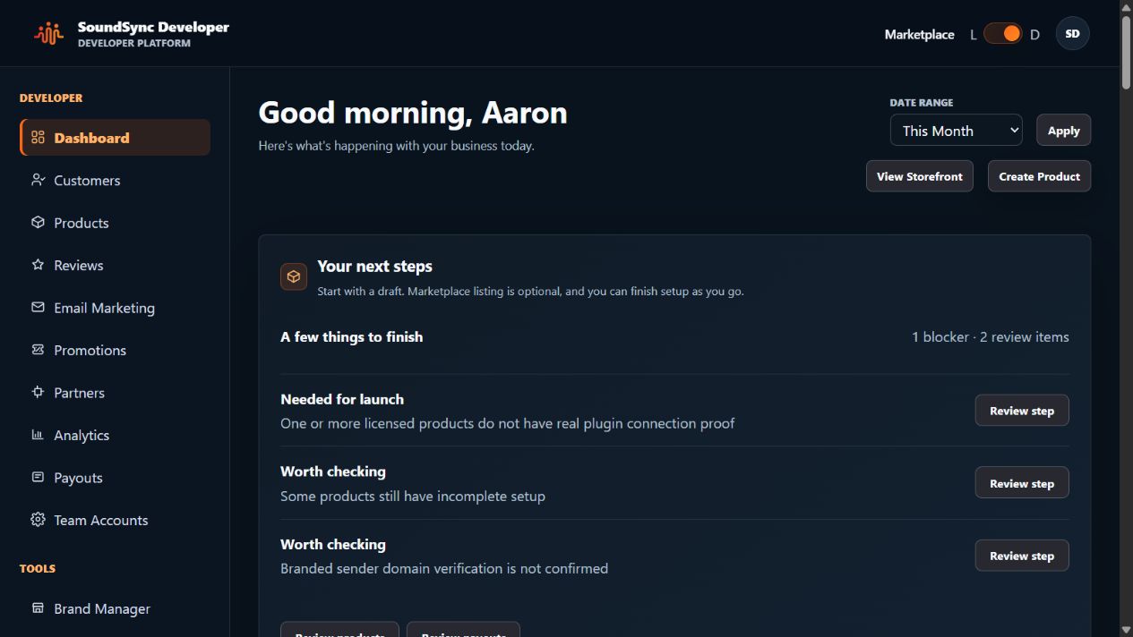 Current developer launch checklist with product, package-connection, and sender-readiness tasks. Only the developer first name is visible.