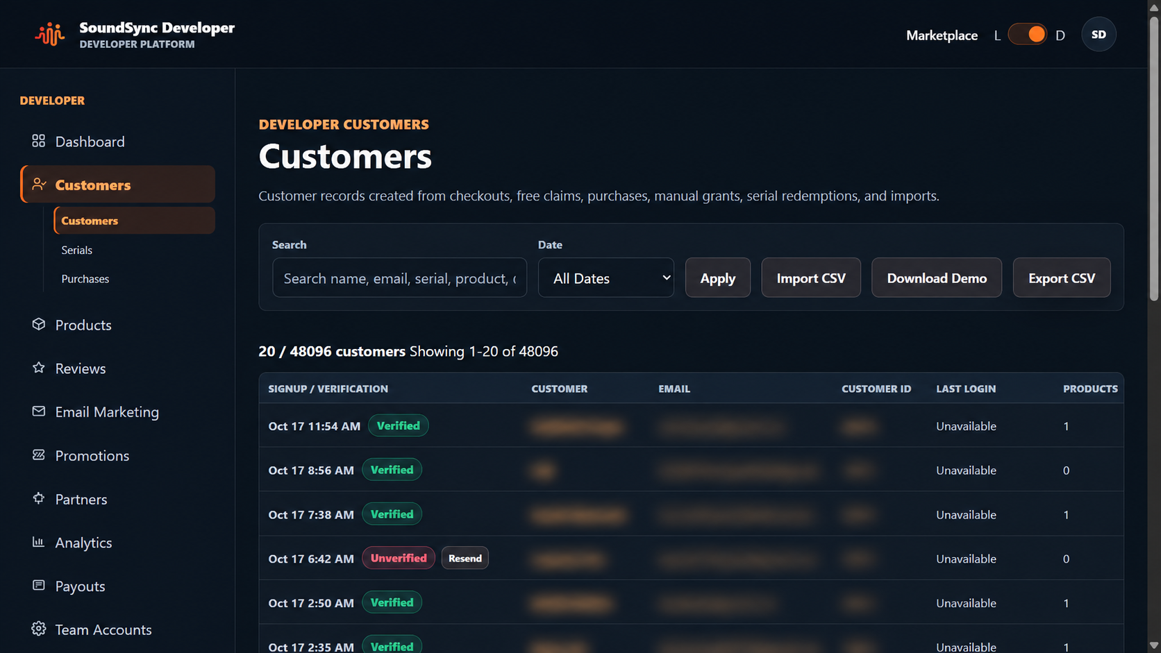 Current dark-theme customer table with verification and product context. All visible customer names, email addresses, and customer IDs are blurred.