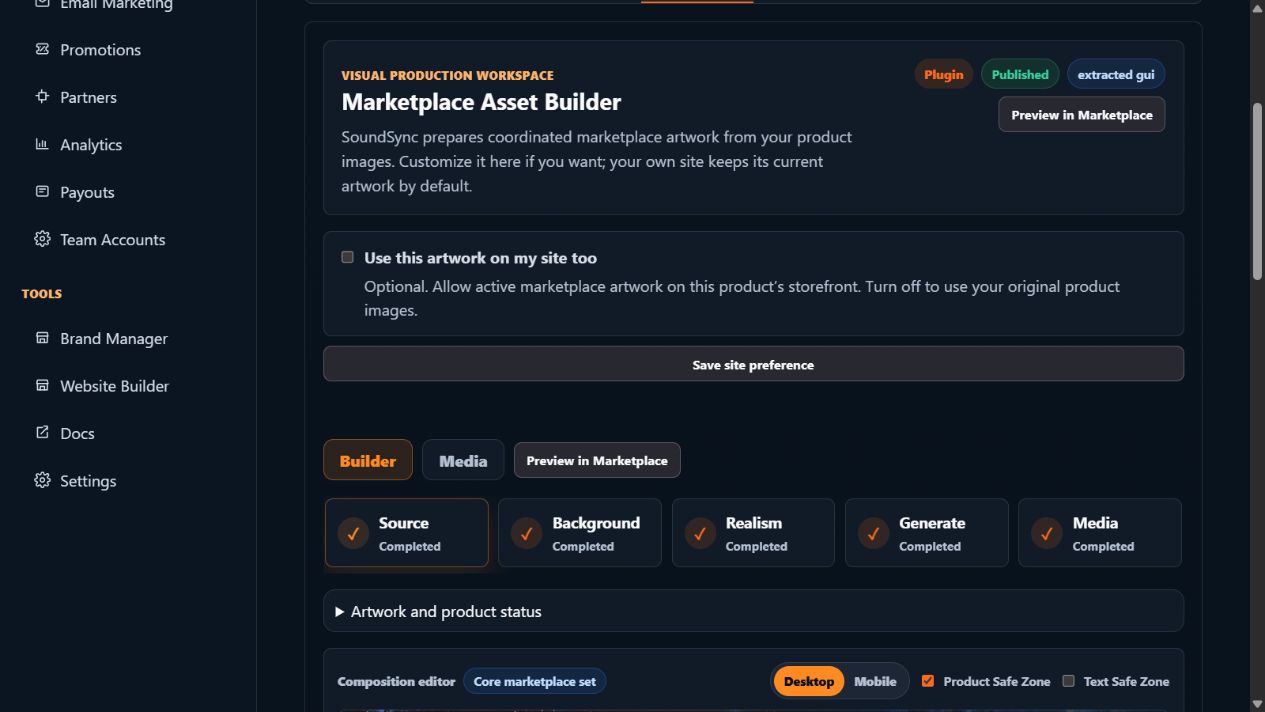 Current developer artwork workspace explaining coordinated marketplace preparation and the optional use of that artwork on the developer storefront.
