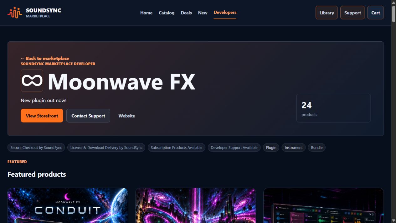 Current customer-facing Moonwave FX marketplace profile with developer identity and featured products.