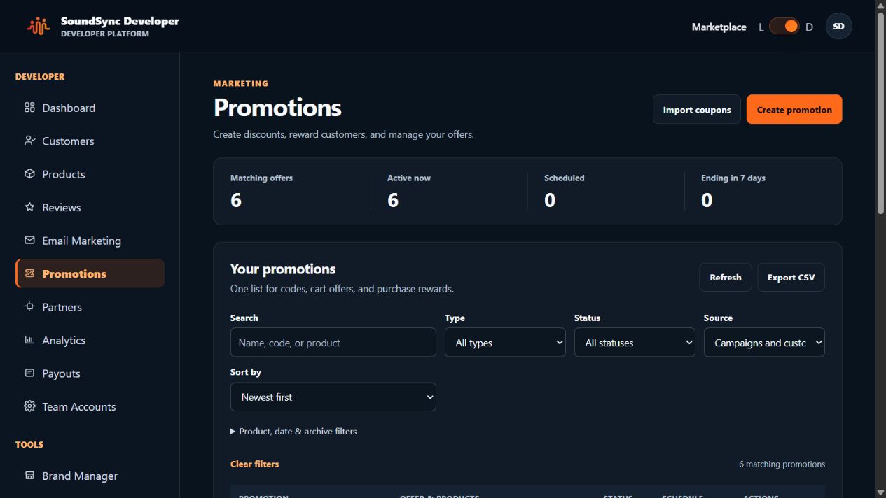 Current dark-theme promotions workspace with offer types, activity counts, filters, and import controls; private coupon values are excluded.