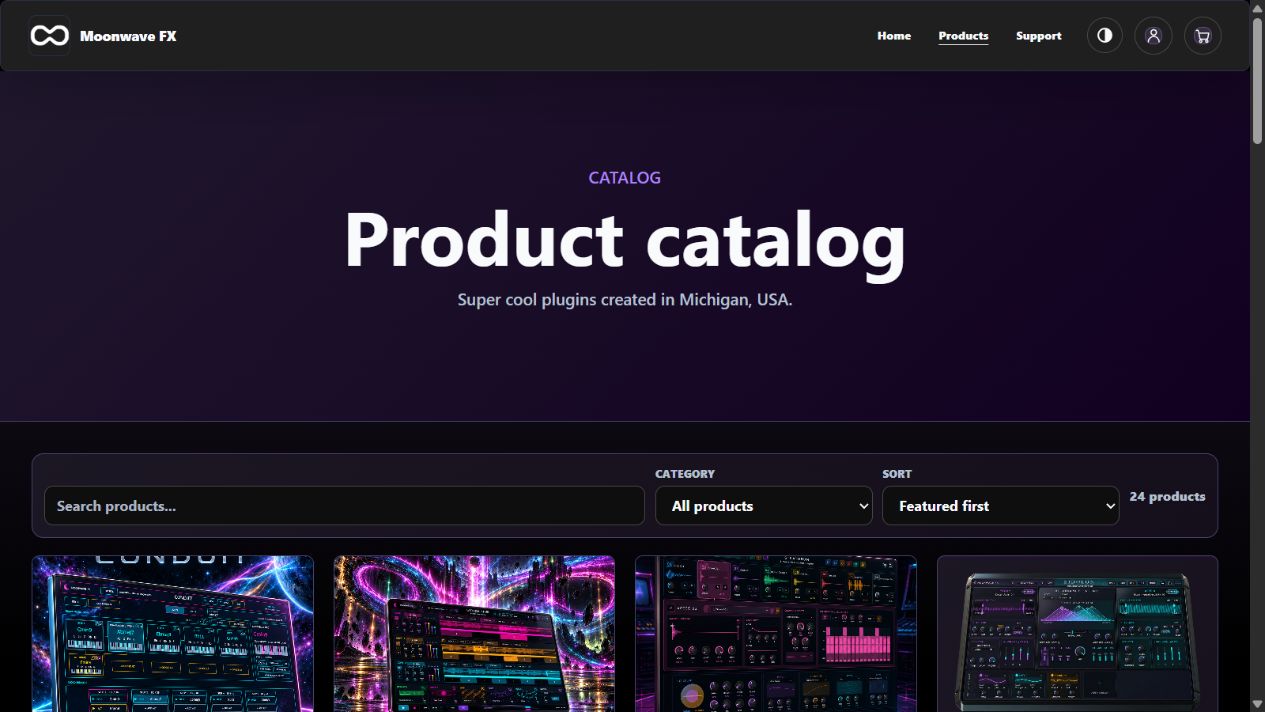 Current dark-theme Moonwave FX catalog with real product artwork, search, filters, and prices.