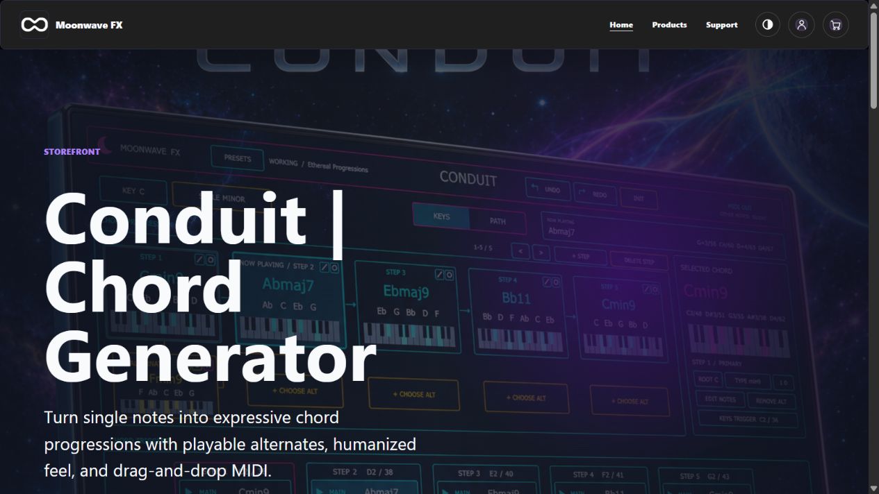 Current dark-theme Moonwave FX homepage with its real Conduit product hero and storefront navigation.