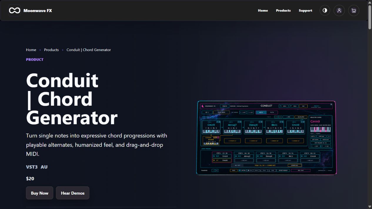 Current dark-theme Conduit product page with product artwork, price, and connected commerce navigation.