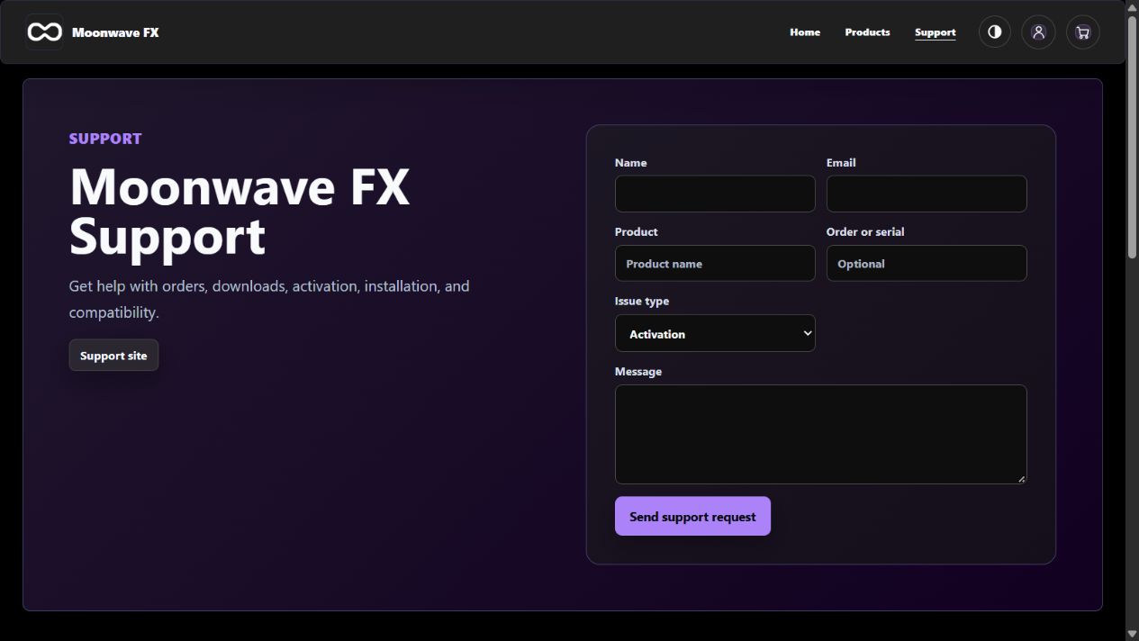 Current dark-theme branded support page with empty customer, product, order, and message fields.