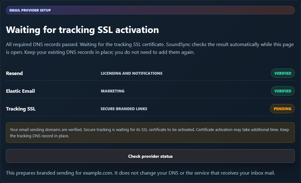 Actual dark-theme SoundSync domain interface showing verified DNS with provider and tracking-certificate readiness still pending, using sanitized example data.