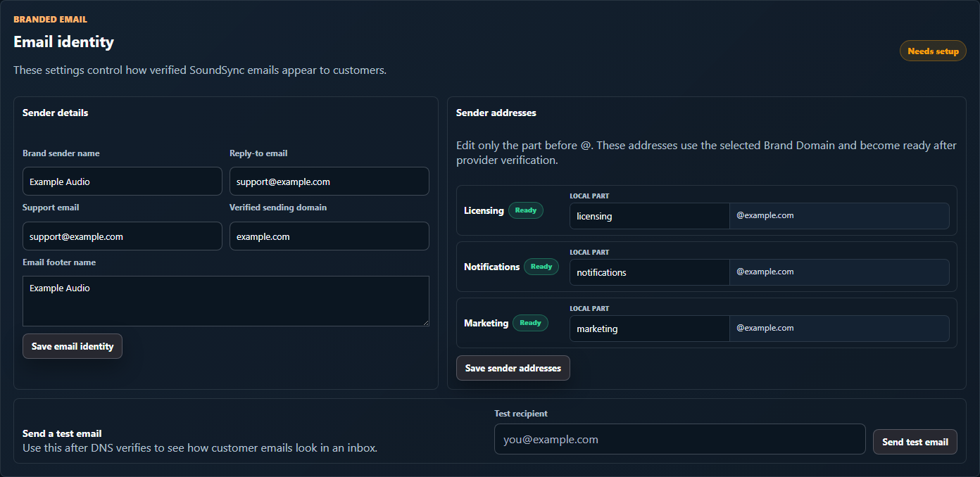 Actual dark-theme SoundSync sender-identity controls for licensing, notifications and marketing using only example.com addresses.