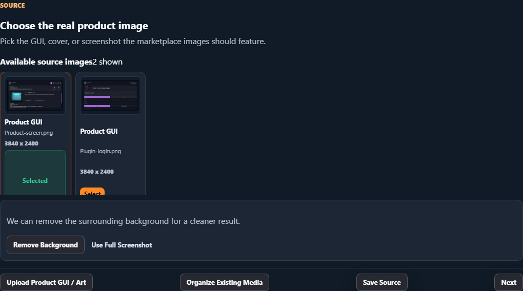 Current dark-theme Source controls showing two public product screens, explicit image selection, upload and Save Source.