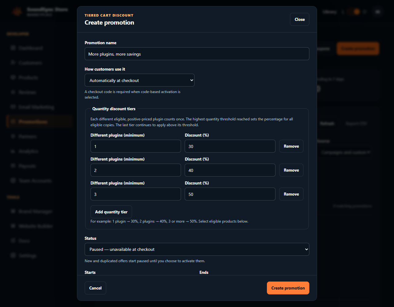 Current dark-theme promotion editor showing automatic application and product-count percentage tiers with example values.