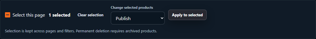 Current dark-theme catalog selection toolbar with selected count, status action, confirmation entry point and selection rules.